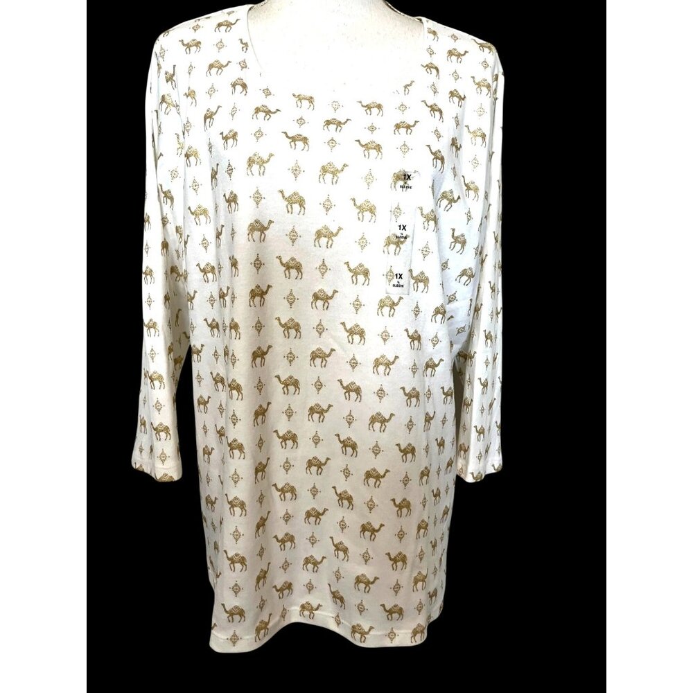 Karen Scott Plus 1X White & Gold Sparkly Camel Print 3/4 Sleeve Top NWT